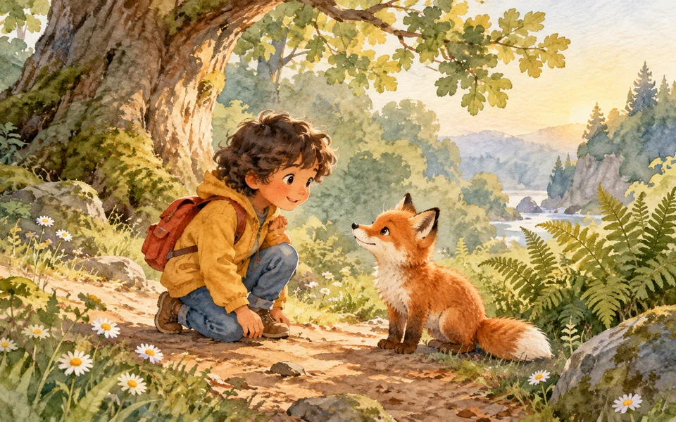 Un enfant et un renard explorent une forêt illustrée à l’aquarelle.